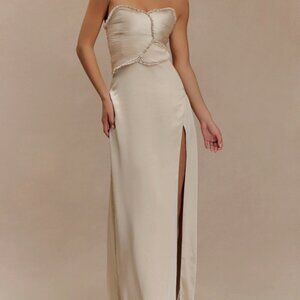 Meshki Larissa Satin Maxi Dress With Ruched Petals - Blush Gold